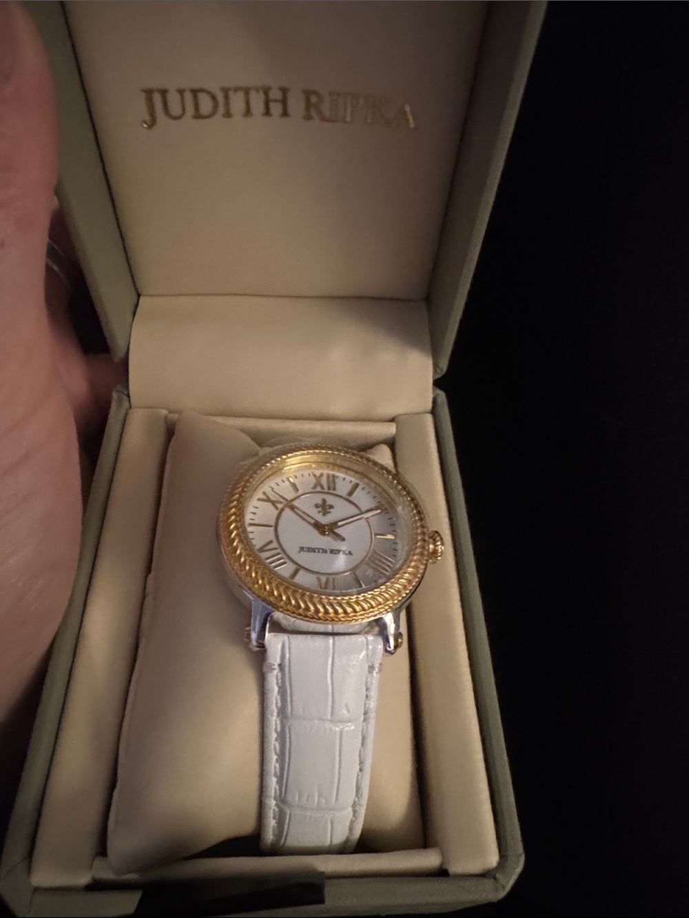 Rare vintage Judith Ripka Two-Tone Gold Accent Watch with White Strap